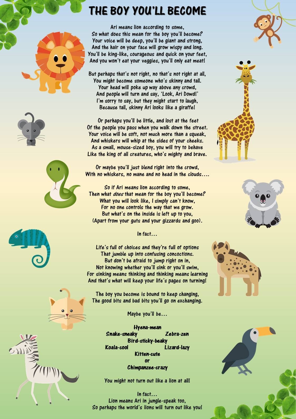 A colourful Wall Tales poem titled 'The Boy You'll Become' surrounded by illustrated animals.